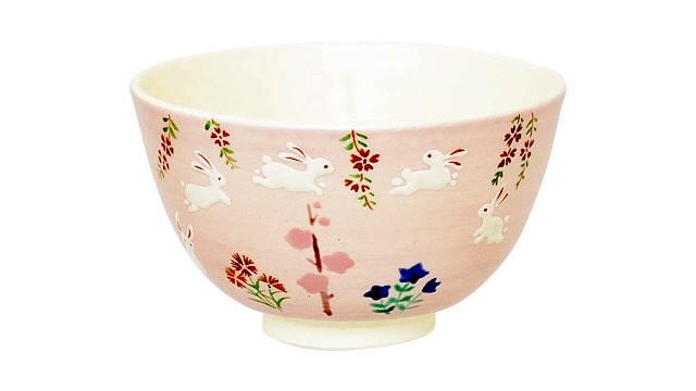 Matcha tea bowl, silver pink background, rabbit, seasonal flowers, zodiac